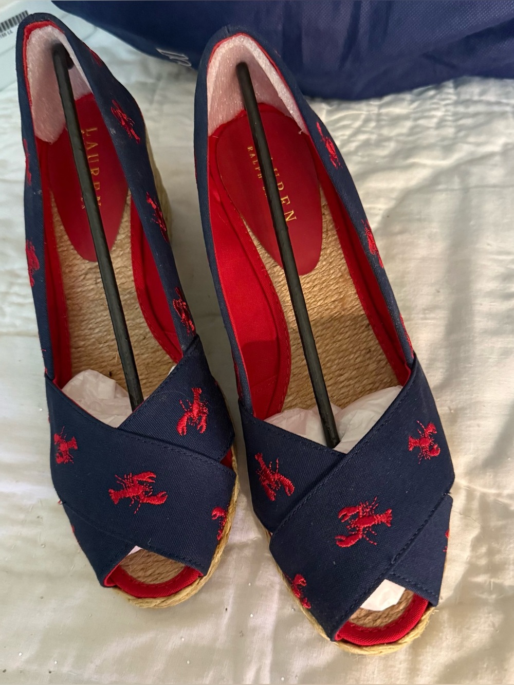 Ralph Lauren Navy Wedge Espadrilles with Red Embroidery
